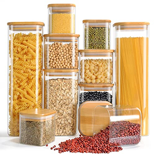 Finew Storage Jars with Lids, Set of 10 Airtight Glass Jars 2100ml 1500ml 750ml 350ml, Square Storage Jars & Canisters, Spice Jars for Pasta Flour Spices Cookie Sugar Tea Coffee Beans