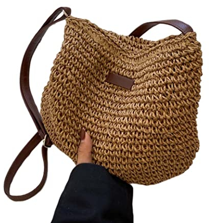 Gcroet Bolso de Playa de Paja, Bolso de Paja de Verano Bolso Cruzado de un Hombro Trenzado de Moda Femenina Bolso de Playa Que combina con Todo Caqui