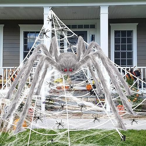 iZoeL XXL Halloween Deko 700cm Riesige Spinnennetz+ 200cm Graue Spinne +Spinnweben+ 30 Mini Spinne, Halloween Garten Deko Außendekoration Riesenspinne(Braun)
