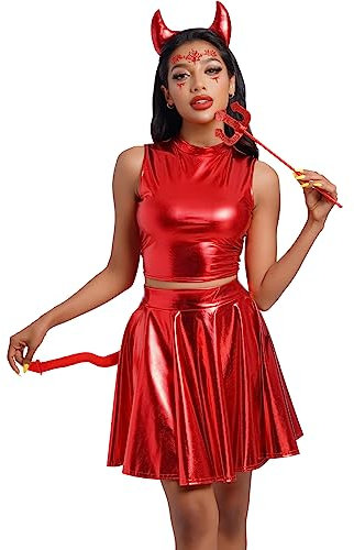 Damen Teufel und Engel Halloween Kostüm Holographisch Crop Top Glänzend Rock Hörner Stirnband Mistgabel Teufelsschwanz 5Stück Metallisch Clubwear Festival Rave Outfit Rotes Oberteil+Rock S