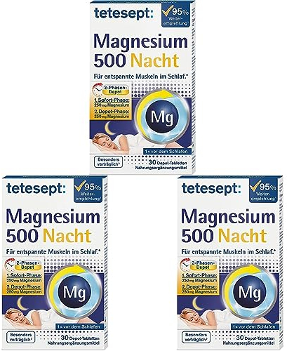 tetesept Magnesium 500 Nacht – Nahrungsergänzungsmittel mit hochdosiertem Magnesium – entspannte Muskeln im Schlaf mit Magnesium Tabletten – 1 x 30 Tabletten | 30 Stück (3er Pack)