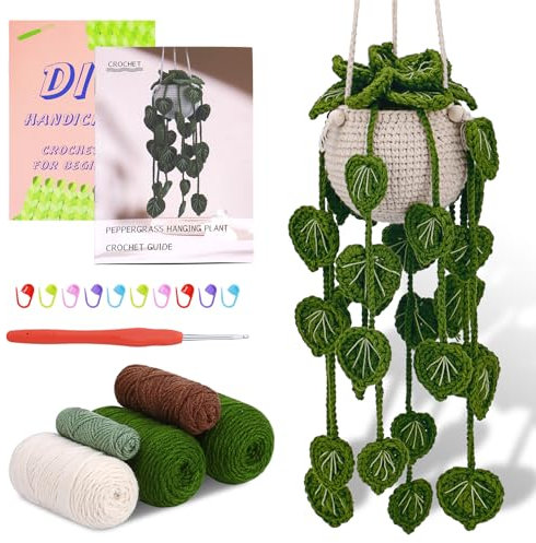 kdafio Crochet Kit for Beginners, Hanging Potted Plants Crochet Starter Kit with Step-by-Step Video Tutorials Complete Crochet Kit for Beginners Decoration (Green Grass Plants)
