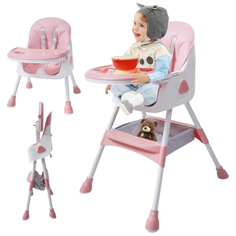 2 in 1 Baby Hochstuhl ab 6 Monaten, Rosa Kinderhochstuhl Klappbar mit Fußstütze, 1 Satz Besteck und Tablett für essen, Höhenverstellbarer Baby Esszimmerstuhl, Babystuhl Sitz,