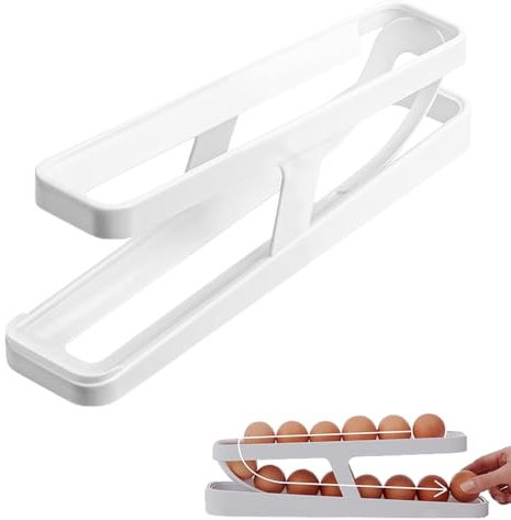 RHQFDM 1 Pieza Portahuevos Enrollable Automático Dispensador de Huevos Estantería Doble para Huevos Ahorro eficaz de Espacio en el frigorífico(Blanco)