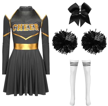 Aislor Cheer Leader Kostüm Damen Halloween Langarm Cheerleading Uniform Outfits Tanzkleid Mit Pompoms/harrband Karneval Cheerleading Kostüm I Weißschwarz S