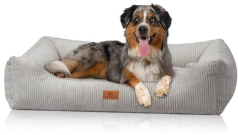 Knuffelwuff Hundebett aus Cord mit Handwebcharakter Olivia XL 105 x 75cm Hellgrau - Abnehmbarer Bezug - waschbar - für große, mittelgroße und kleine Hunde