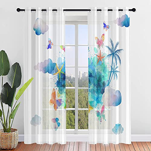 ENEN Vorhänge Wohnzimmer, Gardinen mit Ösen Halbtransparent Schmetterling Druck Gardinen Wohnzimmer, Schlaufenschal 2er Set für Kleine Fenster Küche Wohnzimmer Landhaus (107x213cm,B)