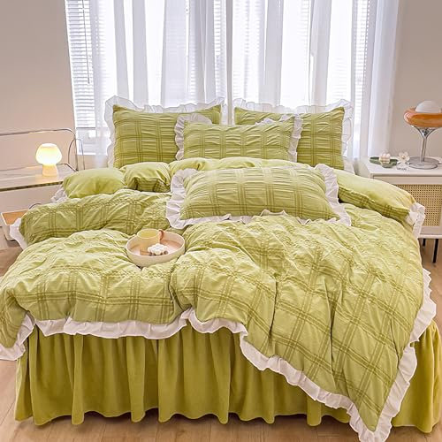 GETIYA Mädchen Damen Bettwäsche 135x200 4Teilig Elegant Grün Seersucker Bettwäsche mit Weiß Rüschen Exquisite Seersucker Bettbezug Mikrofaser mit Reißverschluss und 2 Kissenbezug 80x80