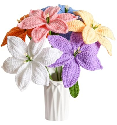 Phyachelo 6 Pezzi di Giglio Lavorato A Mano, Regalo per la Festa della Mamma, Tulipano, Rosa, Fiori all'Uncinetto, Bouquet di Fiori Artificiali, Filato, Decorazione per Il Desktop, Regalo