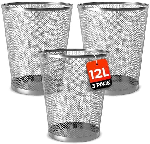 Waste Paper Bin - 12L Silver Colored Metal Office Bin for Office, Bedroom, Living Room or Kitchen Use (3 Pack)