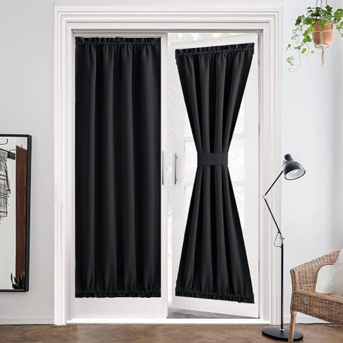 ZHhan French Door Curtains Privacy Blackout French Door Rod Pocket Drapes for Glass Door Home Office,Sidelight Curtain Tie up Shade,Easy Installed 86x173cm,Black,1 Panel