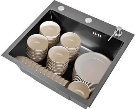 Fregadero de cocina rectangular de acero inoxidable, con dispensador de jabón y tubo, fregadero de cocina PVD con nanotextura, 45 x 50 cm, negro