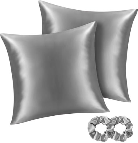 BEDELITE Satin Kissenbezug 80x80 Grau - Kopfkissenbezug 2er Set Weich wie Seidenkissenbezug 80 x 80 Sommer mit 2 Haargummis für Haar und Haut, Similar to Silk Pillowcase Pillow Cover