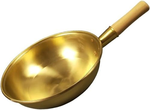 Wok en cuivre, poêle en cuivre, manche en bois épais, poêle à frire en laiton, ustensiles de cuisine, Wok, cuisinière en cuivre (A 32 cm)