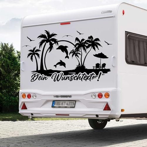 Urlaub Sonne Delfine Reise Aufkleber Wunschtext Größe&Farbe wählbar Wohnwagen Wohnmobil Sticker Sonnenuntergang