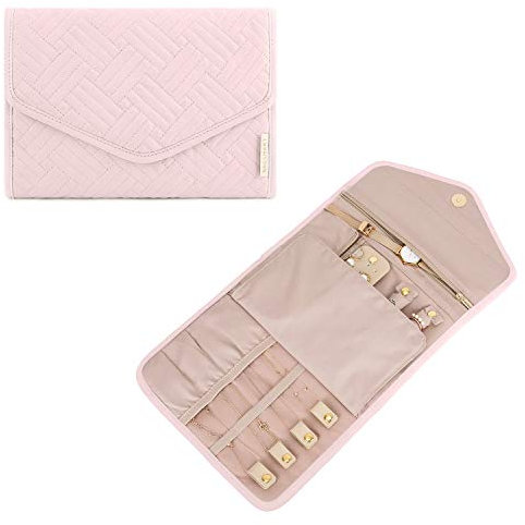 bagsmart Travel Jewellery Organiser, Foldable Jewelry Storage Roll Large Capacity Flat Jewellery Pouch for Rings, Necklaces, Bracelets, Earrings, Medium-Light Pink