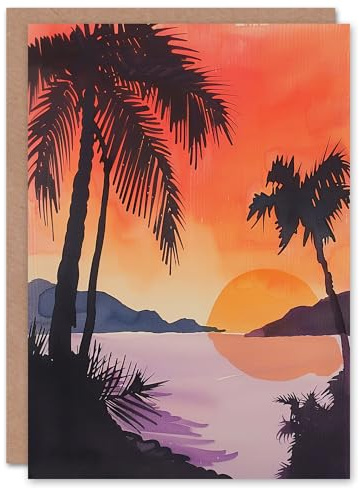 Artery8 Personalised Hawaii Sunset Beach Cove Palm Trees Watercolour For Him Or Her Art Birthday Card
