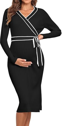 V FOR CITY Maternity Nursing Dress Knit Side Slit Bodycon Dresses V Neck Pregnancy Baby Shower Clothes Black L