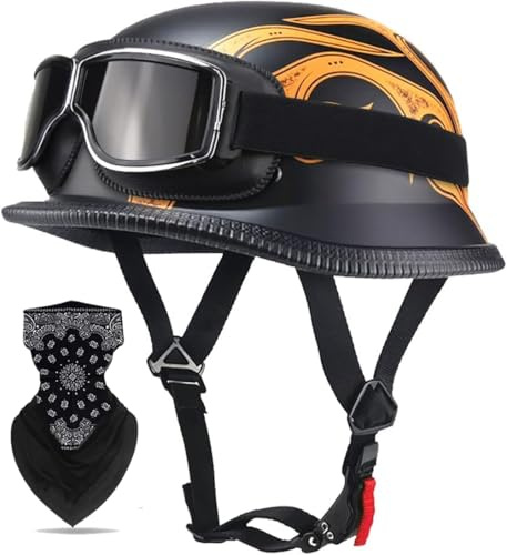 Labzaa Vintage Deutsche Motorrad Halbschalenhelm mit ECE, Retro Half Öffnen Jethelm mit Schutzbrille für Bike Cruiser Chopper Moped Scooter ATV Männer und Frauen Helm G XL