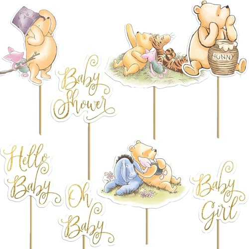 16PCS Classic Winnie The Pooh Centerpieces - Baby Shower Decorations, Table Toppers on Sticks, Cutouts for Winnie Birthday Party Supplies
