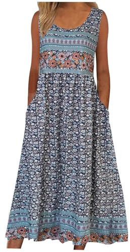 Women's Summer Casual Dresses Sale Clearance Basic Dresses Ladies Fashion Sexy Sleeveless Pockets Round Neck Floral Print Dress Loose Beach Holiday Vacation Bohemian Midi Sundress Beachdress Dress