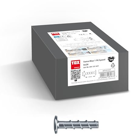 TOX Ancre à vis Sumo Max 1 FK Speed 6x28 mm, vis à béton en acier galvanisé avec tête plate et faible profondeur de perçage, montage rapide, homologuée pour la construction, 100 pièces, 041101631