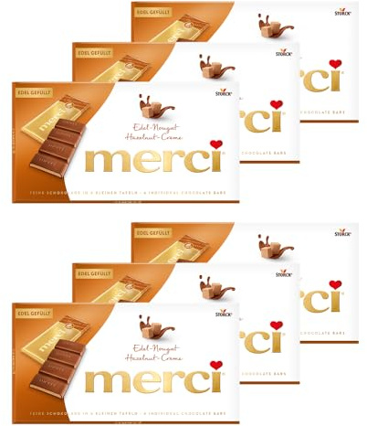 merci Tafelschokolade Edel-Nougat – 6 x 112 g – Feinste Täfelchen aus Edel-Vollmilchschokolade mit 43% Nougatfüllung – Schokolade in Goldpapier verpackt