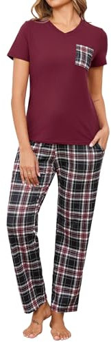 Crewhpo Pyjama Femme Été Coton Ensembles de Pyjama Femme à Col en V 2 Pièces Vêtements de Nuit Doux T-Shirt Manche Courte et Pantalon à Carreaux Vin Rouge M