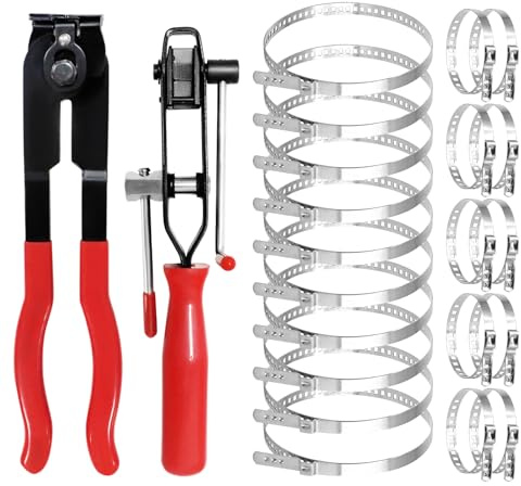 CV Boot Clamp Pliers Tool Set - 2-in-1 Banding Tool & Clamp Pliers with Cutter and Winder, Includes 20 Adjustable Stainless Steel Crimp Bands (2 Sizes), for Most Cars, ATV & UTV, Fuel & Cooling Hoses