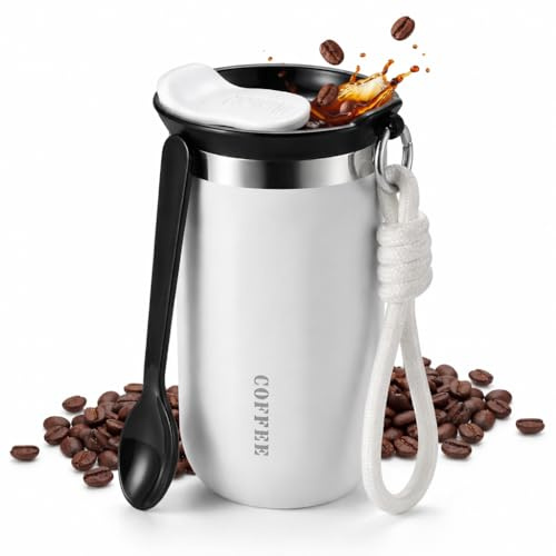 DRUCK SOLUTIONS Stylischer Thermobecher Trinkbecker 320 ml, Isoliert aus Edelstahl, mit Trageriemen und Deckel, Auslaufsicher, 4 Farben Ideal für Heiß- und auch Kaltgetränke Coffee to go (weiß)