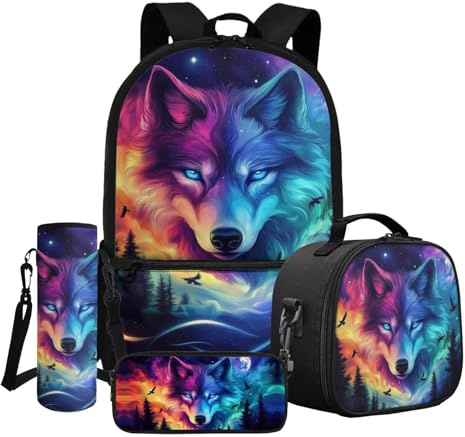 Dngkaoje Bedrucktes Schulrucksack-Set für Kinder, Jungen, Mädchen, 4-in-1, Schulrucksack-Set, Galaxie, bunt, Wolf, 11 x 17.3 x 5.5 inches