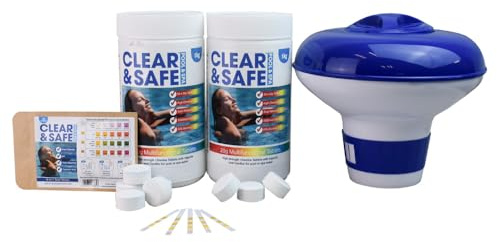 Clear & Safe Pool Chemical Kit, 2kg Multi-Functional Chlorine Tablets, Floating Dispenser, Test Strips