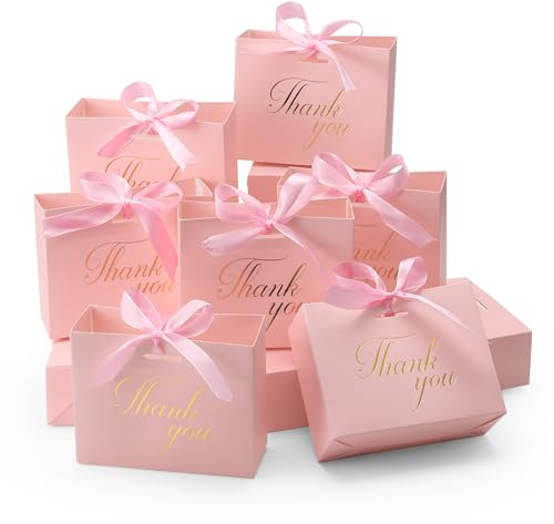 Nagoyuki 30Pcs Thank You Gift Bags Bow Ribbon for Presents, 12.5x10x4.5cm Mini Party Favour Bags Bulk for Birthday, Wedding, Party, Christmas (Pink)