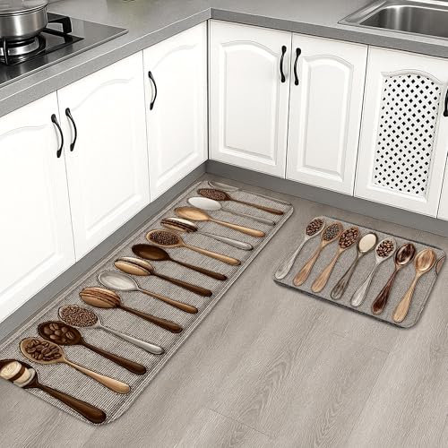 Wooden Spoon Kitchen Mats for Floor, Rustic Farmhouse Wooden Utensils Soft Mats, Cushioned Comfort Washable Non Slip Decor Rugs for Kitchen Sinks Laundryroom Bathroom 16x24 Inch