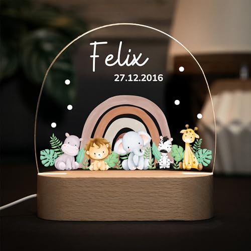 LARIFEE Nachtlicht Safari Tiere mit Name – Personalisiertes LED Nachtlicht für Kinder – Lampe aus Acrylglas & Holz, dimmbar – Geschenk zur Geburt oder Taufe