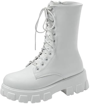 Botas Militares Mujer Botas Moteras de Moda de Suela Gruesa Casual Botines Mujer Otoño e Invierno de Puntera Redonda con Cordones y Cremallera Lateral Moda Bota Combate de Media Pantorrilla de Piel