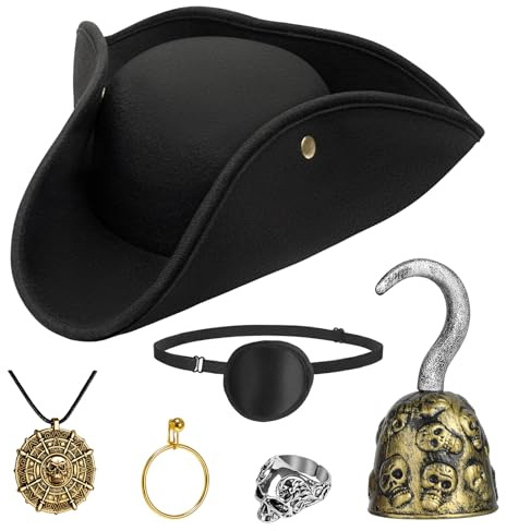 Tanganan Piratenhut Kostüm Set, 6 pcs Halloween Piratenkostümhut Piratenkostüm mit Totenkopfkopfring, Halskette, Haken, Ohrringen, Augenklappe, Leder, braune Hüte für Männer Frauen