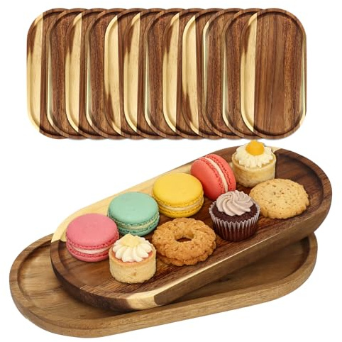 12 Stück Akazienholz Tablett Klein, 25 × 13 cm Oval Servierbrettchen Holz | Servierbrettchen für Sushi, Snacks, Kaffee und Deko – geeignet für Gastro, Restaurant, Bar, Büro und Zuhause