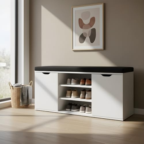 BOXIMO Schuhschrank mit Sitzbank, 103 x 30 x 46 cm, MDF und Polyester Polsterung, Flurbank mit Stauraum, Schuhaufbewahrung für Eingangsbereich