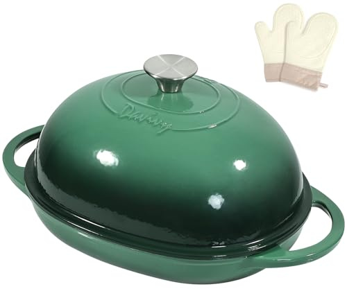 Davivy 6QT Oval Cast Iron Dutch Oven for Sourdough Bread Baking, 8.7 x 11 | Dutch Oven Pot with Domed Lid for Crisp Sourdough Crusts, Enameled Cast Iron Bread Pot (Forest Green, with Oven Mitts)