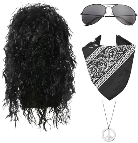 4Pcs Rocker Wig Set for Men Women, Long Curly Black Rock Star Wig with Sunglasses Bandana Peace Necklace, 70s 80s Disco Costume Accessories for Halloween Theme Party Carnival