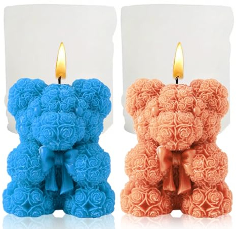Fahibin 2Pcs Rose Bear Shape Candle Mold,3D Rose Teddy Bear Silicone Moulds,for Candles and Soaps, Chocolates