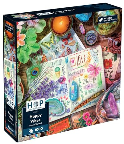 The House of Puzzles Good Vibes 1000 Piece Puzzle | Jigsaws for Adults | Unique Pieces Journal Jigsaw with Butterfly, Flower & Crystal Details | Art Illustrated by Aimee Stewart | Relaxing Gifts