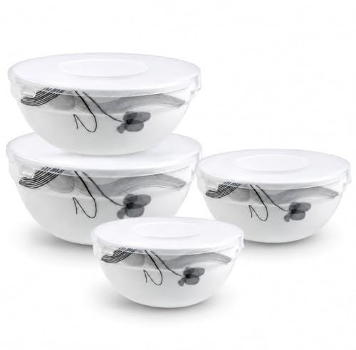 HOMSMYTH 4 Piece Glass Mixing Bowl Set with Lids – Ceramic Storage Bowls 4.2, 5, 6 & 7, Airtight Food Storage Containers, Microwave Safe, Freezer Safe, Kitchen Bowls (Black & White)