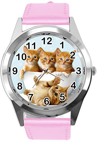 TAPORT® Quarzuhr mit Kätzchen-Motiv, rosa Lederband, Armband
