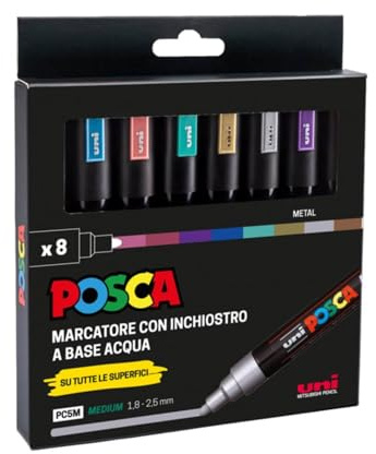 POSCA - Uniposca Set con Pennarelli Acrilici Punta Tonda 1.8 - 2.5 mm, Colori per Tessuti, Legno, Vetro e Altro, Pennarelli Acquerellabili Uni Posca Professionali e Cartoleria, Resistenti a Acqua/Luce