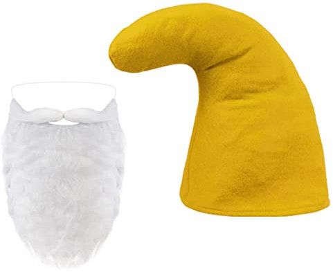 Alsino Set de Déguisement de Nain Taille Unique pour Adultes avec Bonnet Jaune en différent Couleurs et Fausse Barbe Blanche Costume de Lutin Accessoire pour Carnaval Halloween