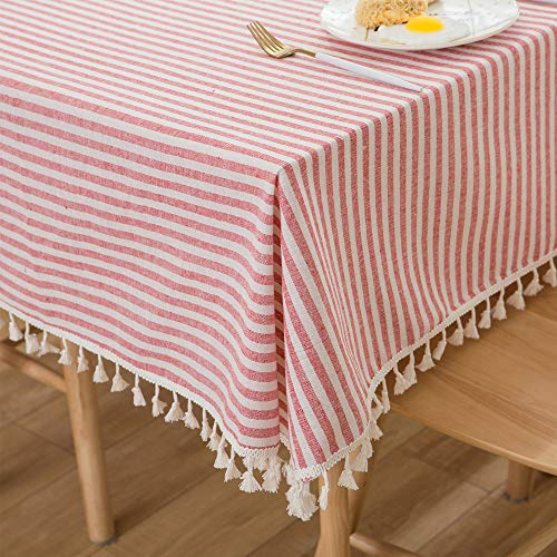 Plenmor Table Cloth Cotton Blend Tablecloth Stripe Tassel Rectangle Tablecloth Dust-Proof Table Cover for Kitchen Dinning Tabletop Decoration(140cm x 180cm, Red)