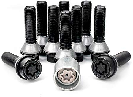 H&R Radschrauben Satz Kegelbund mit bewegliche Kegelbund M14x1.25 - Länge 43mm - Schwarz - 10 Stück (z.B. kompatibel mit BMW) - inkl. Felgenschloss