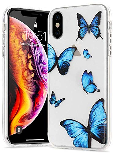 LLZ.COQUE Hülle für iPhone Xr Handyhülle Schmetterling Klar Schutzhülle Transparent Butterfly Case Backcover Schmetterling Hülle für iPhone Xr Blau